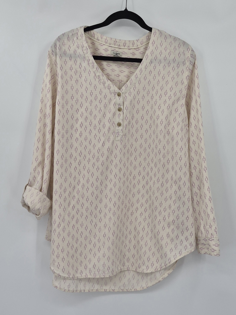 LL Bean Lavender Print Tencel Cotton V Neck Button Front Blouse XL Boho Casual